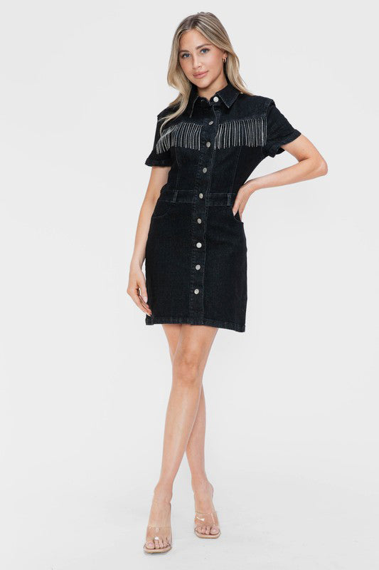 Rhinestone Fringe Button Down Short Sleeve Denim Dress