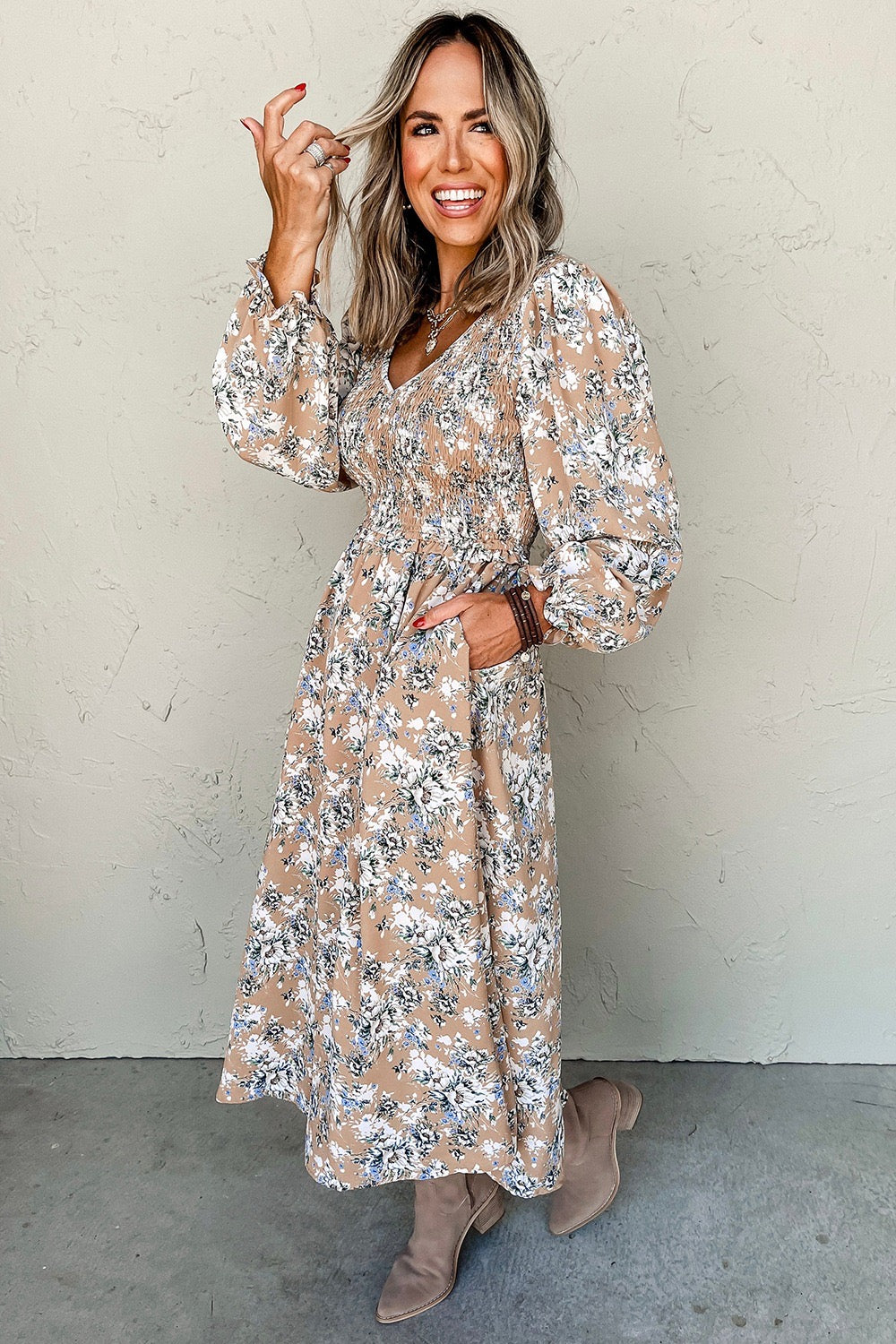 Beige Floral V-Neck Long Sleeve Maxi Dress