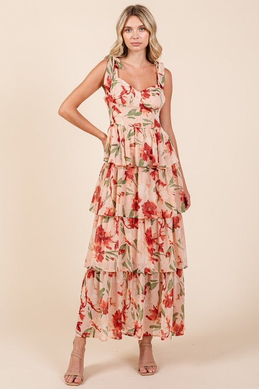 Layered Floral Sweetheart Neck Maxi Dress