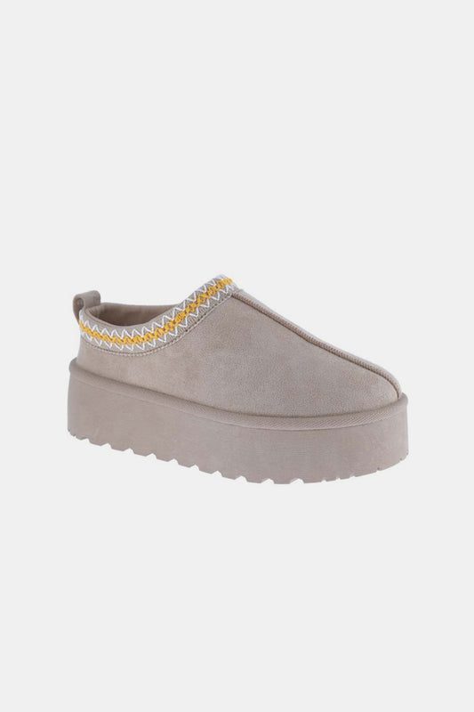 Platform Embroidered Trim Slip-Ons in Taupe