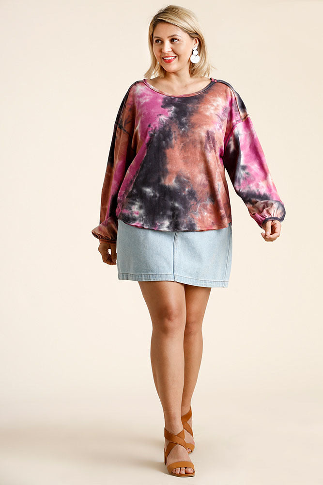 Tie Dye Round Neck Long Balloon Sleeve Top