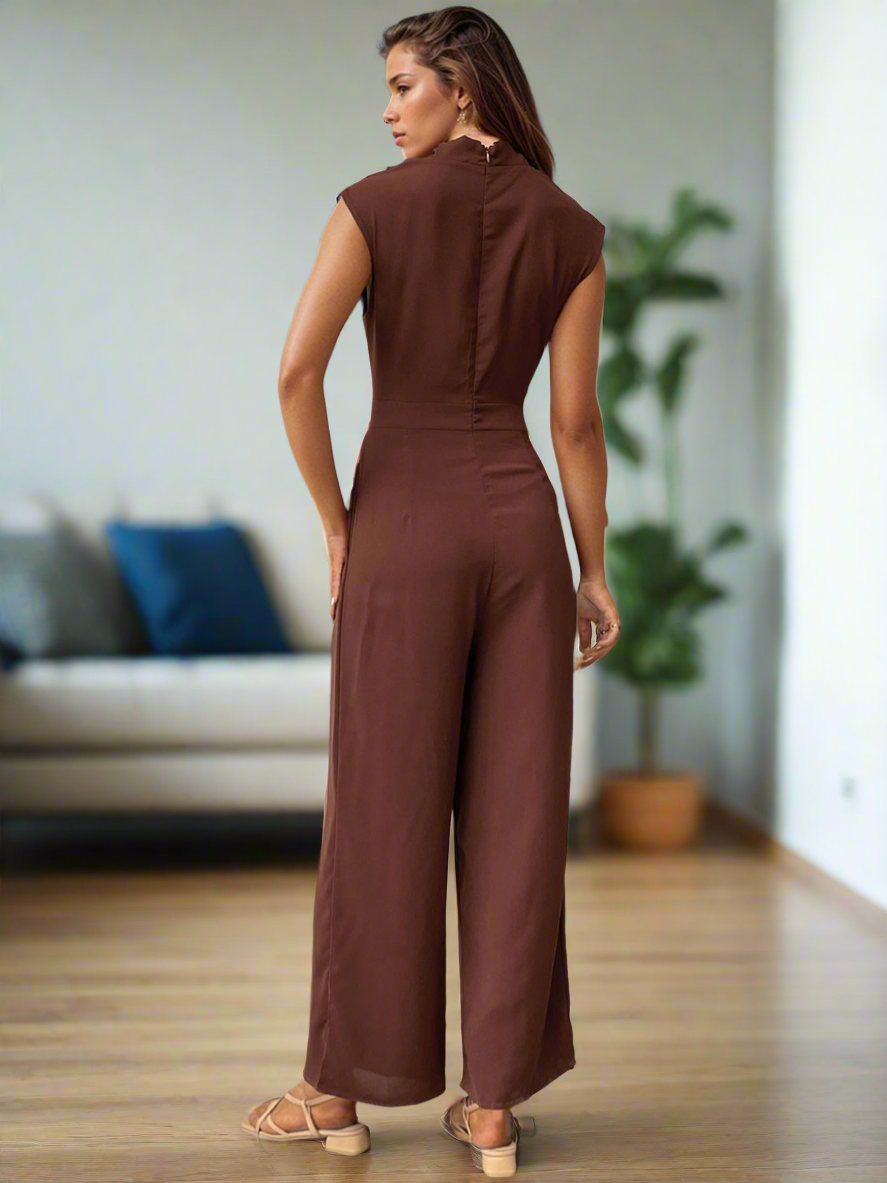 Ruched Mock Neck Sleeveless Jumpsuit