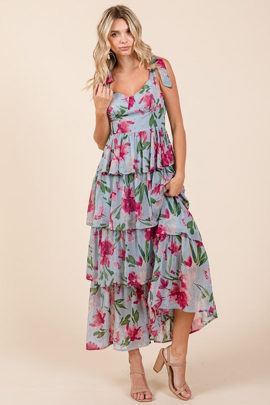 Layered Floral Sweetheart Neck Maxi Dress