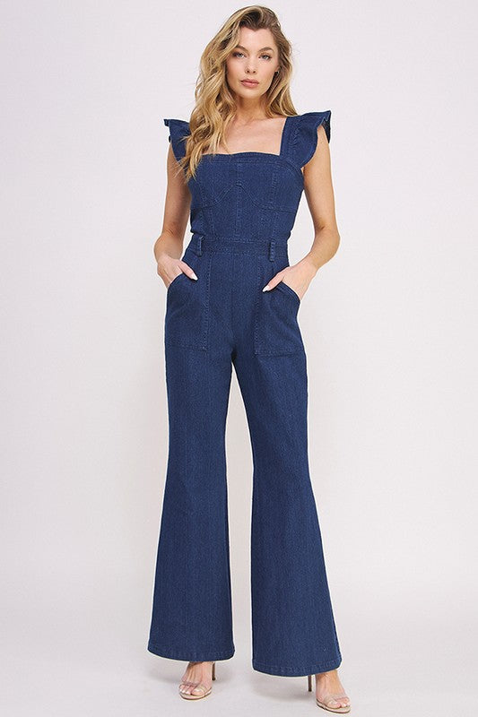 Ruffled Flare Leg Denim Jumpsuit