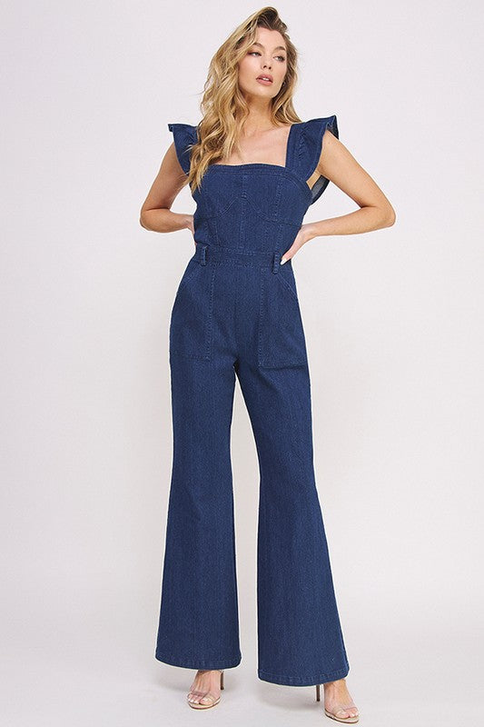 Ruffled Flare Leg Denim Jumpsuit