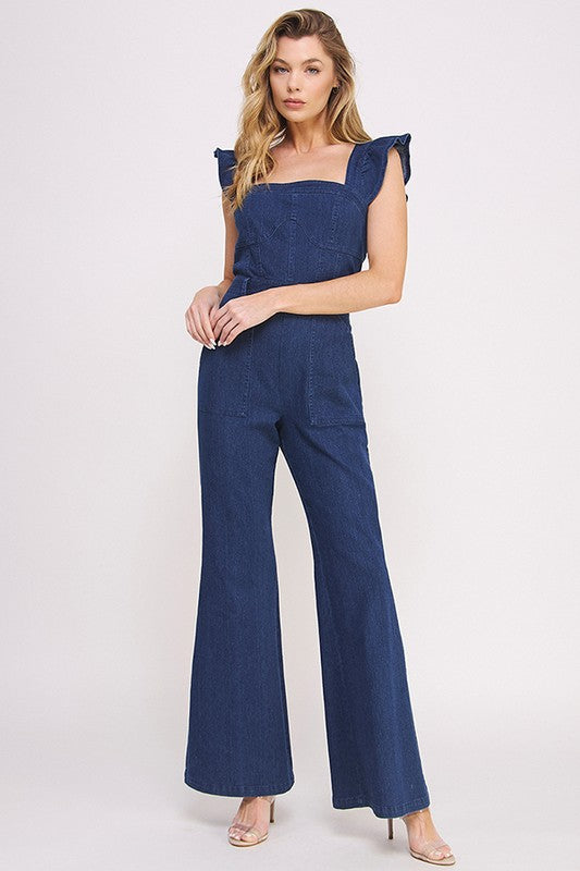 Ruffled Flare Leg Denim Jumpsuit