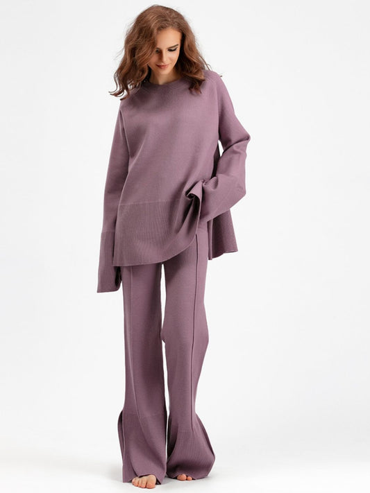 Slit Long Sleeve Top and Drawstring Pants Sweater Set