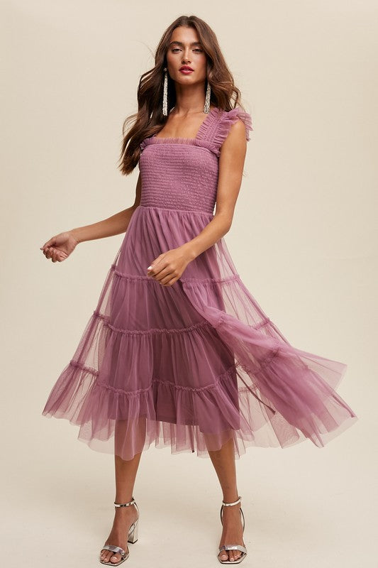 Smocked Ruffle Tiered Mesh Midi Dress