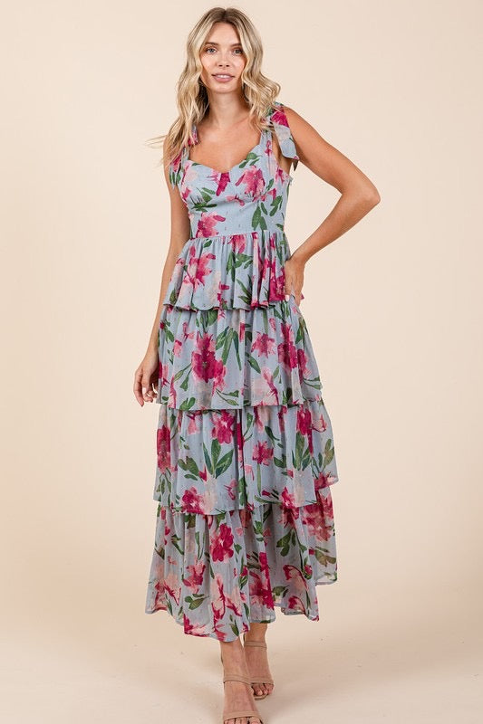 Layered Floral Sweetheart Neck Maxi Dress