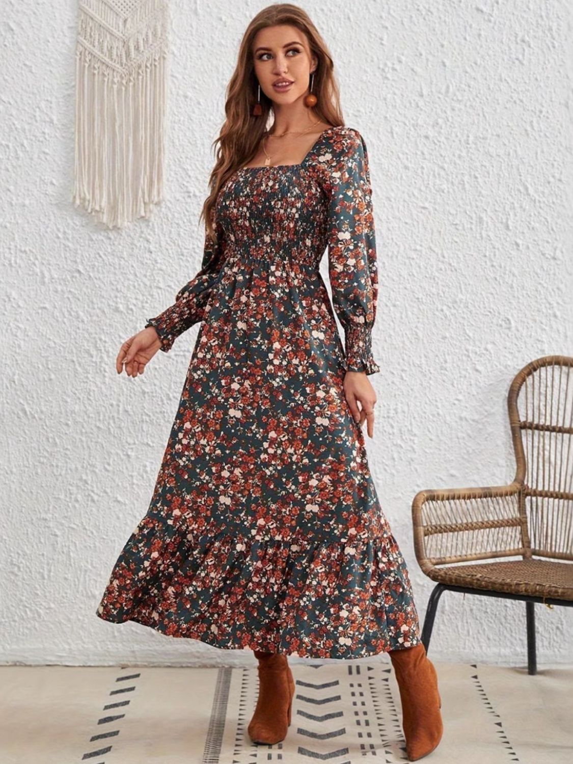 Smocked Floral Long Sleeve Maxi Dress