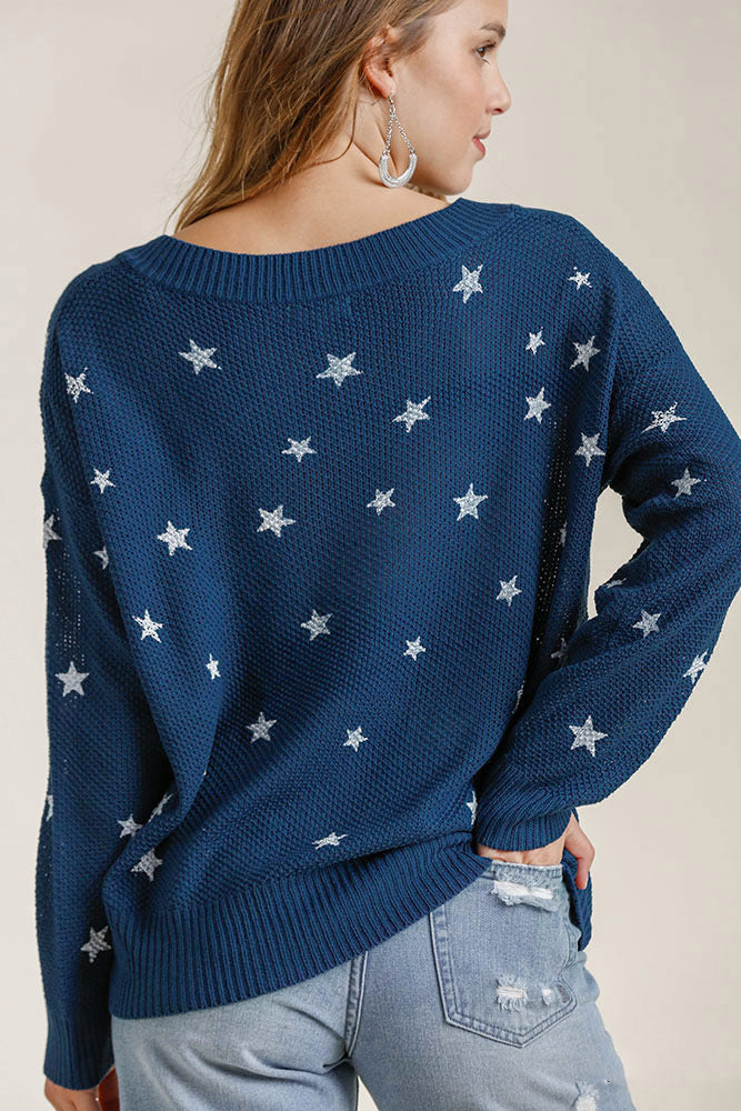 Star V-Neck Long Sleeve Sweater