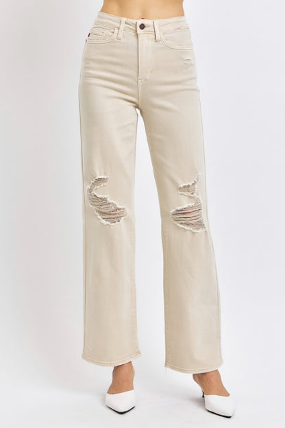 Judy Blue High Waist Distressed Wide Leg Jeans in Bone