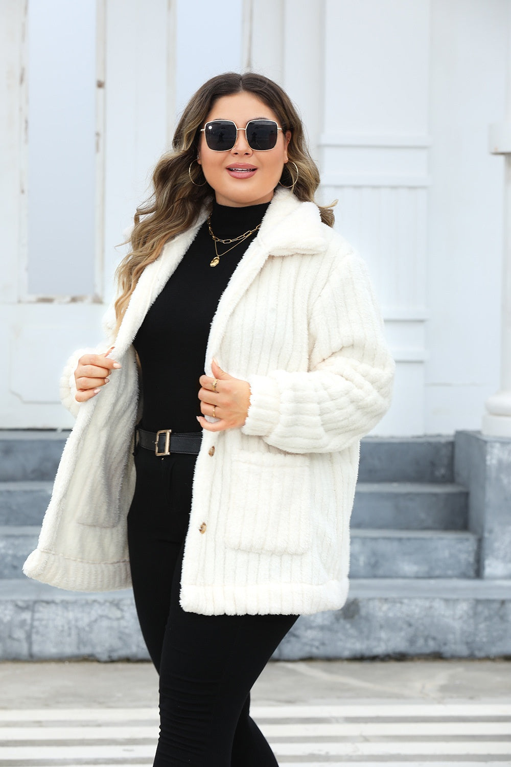 Plus Size Collared Neck Button Down Fuzzy Jacket