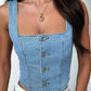 Smocked Button Up Denim Top