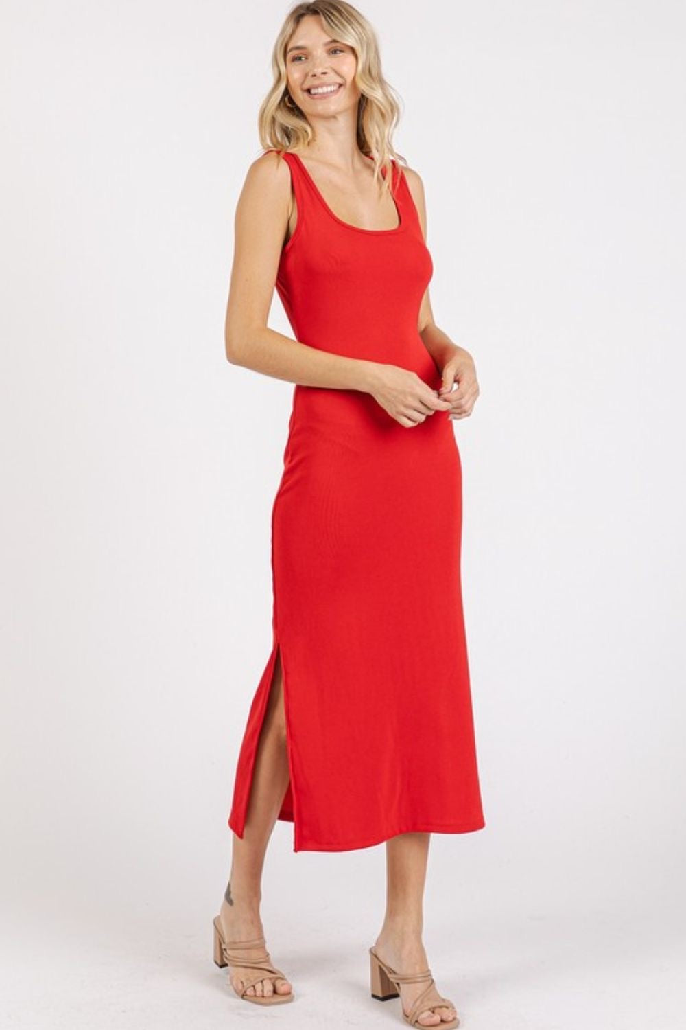 Side Slit Wide Strap Midi Tank Dress