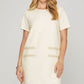 Short Sleeve Pearl Studded Trim Knit Tweed Dress In Ivory