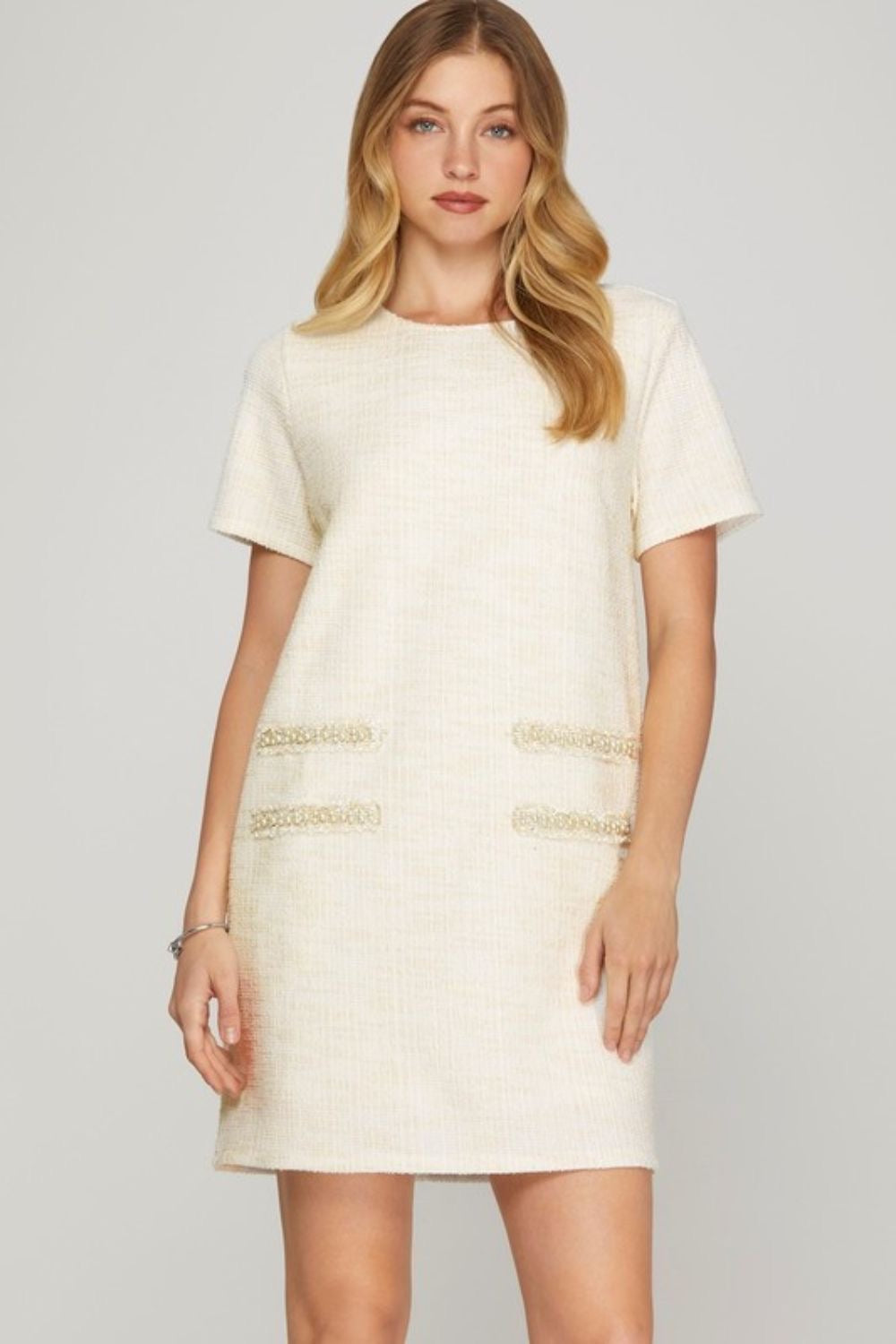 Short Sleeve Pearl Studded Trim Knit Tweed Dress In Ivory