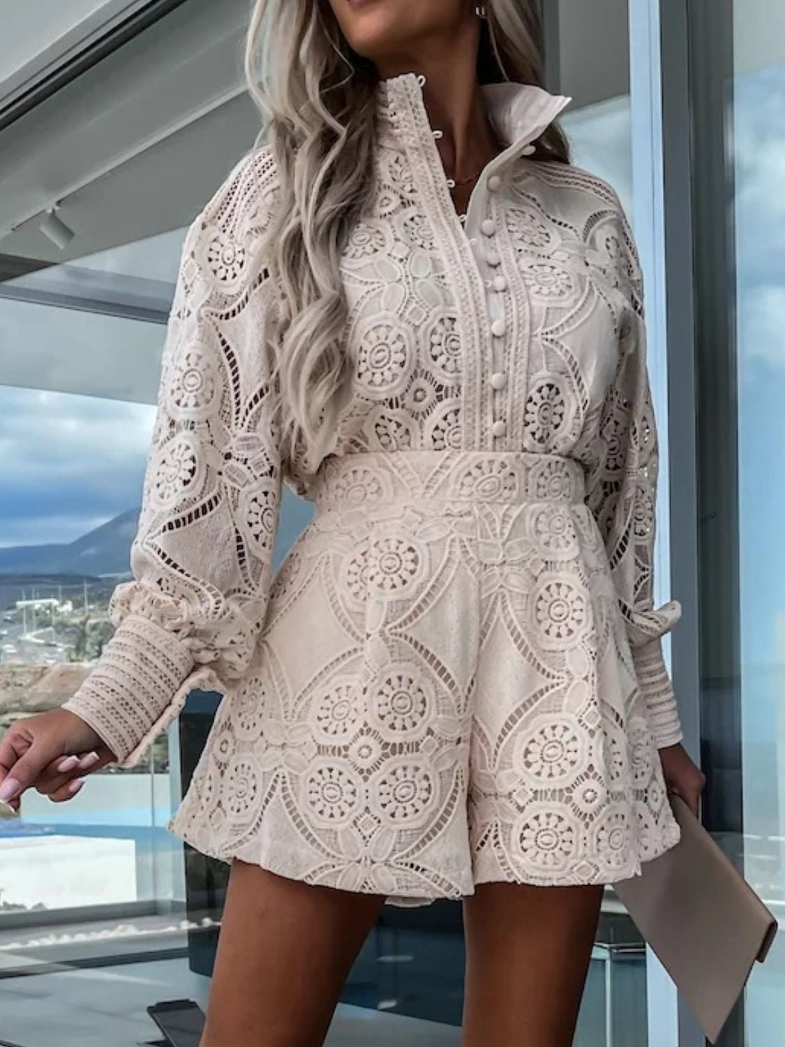 Lace Button Detail Top and Shorts Set in Eggshell