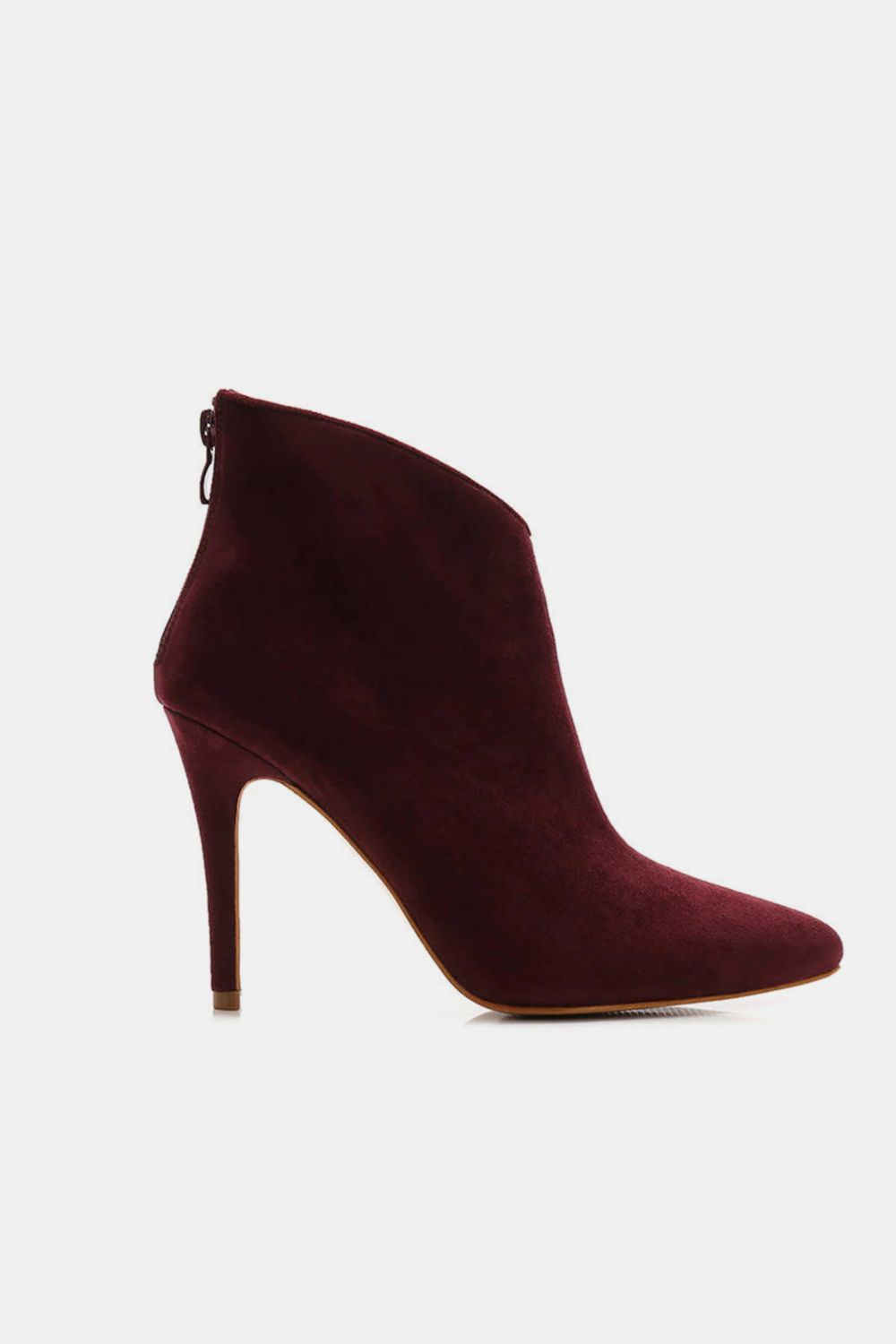 Wine Suede Stiletto Ankle Booties with Back Zippers