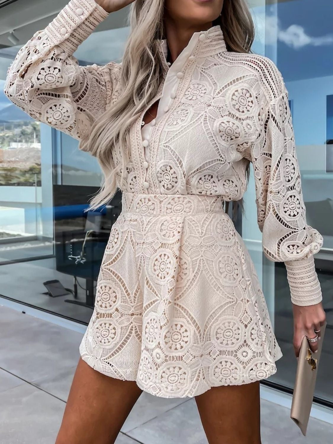 Lace Button Detail Top and Shorts Set in Eggshell