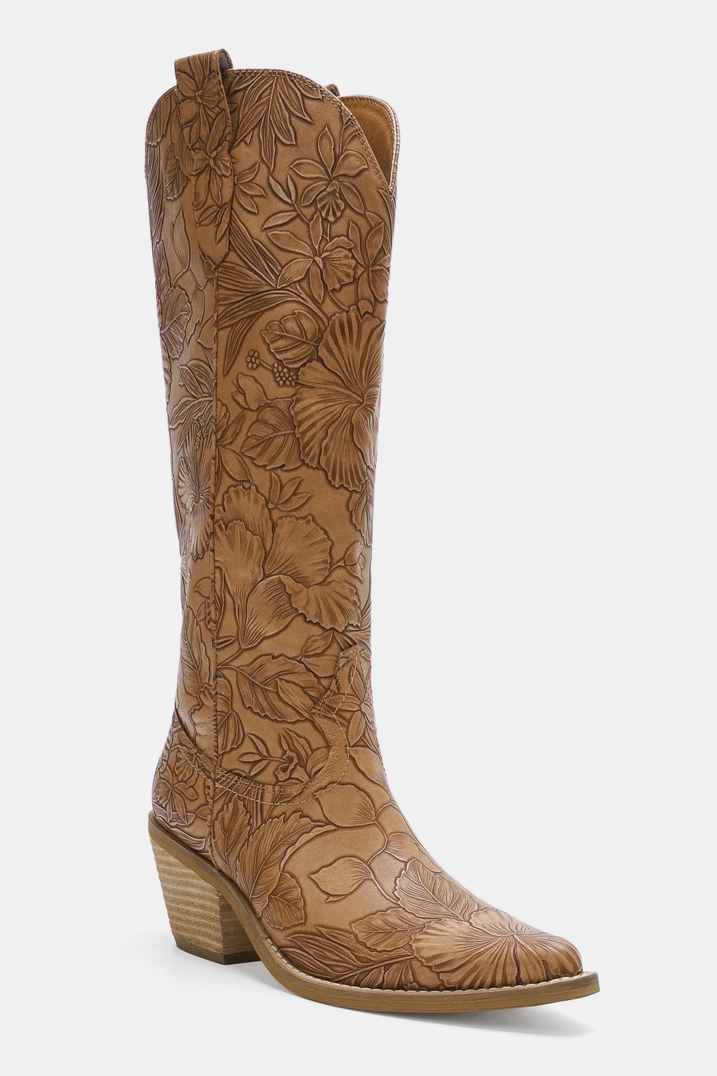 Taupe Embossed Floral Block Heel Cowboy Boots