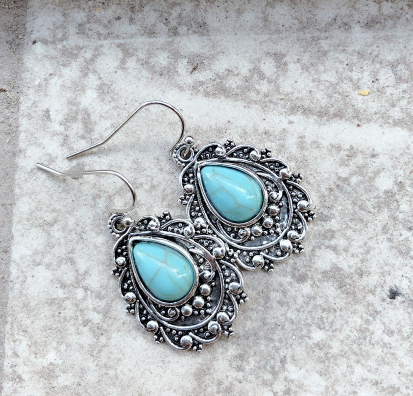 Turquoise Alloy Teardrop Dangle Earrings