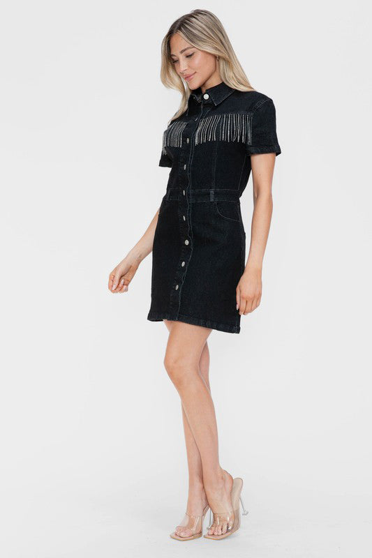 Rhinestone Fringe Button Down Short Sleeve Denim Dress