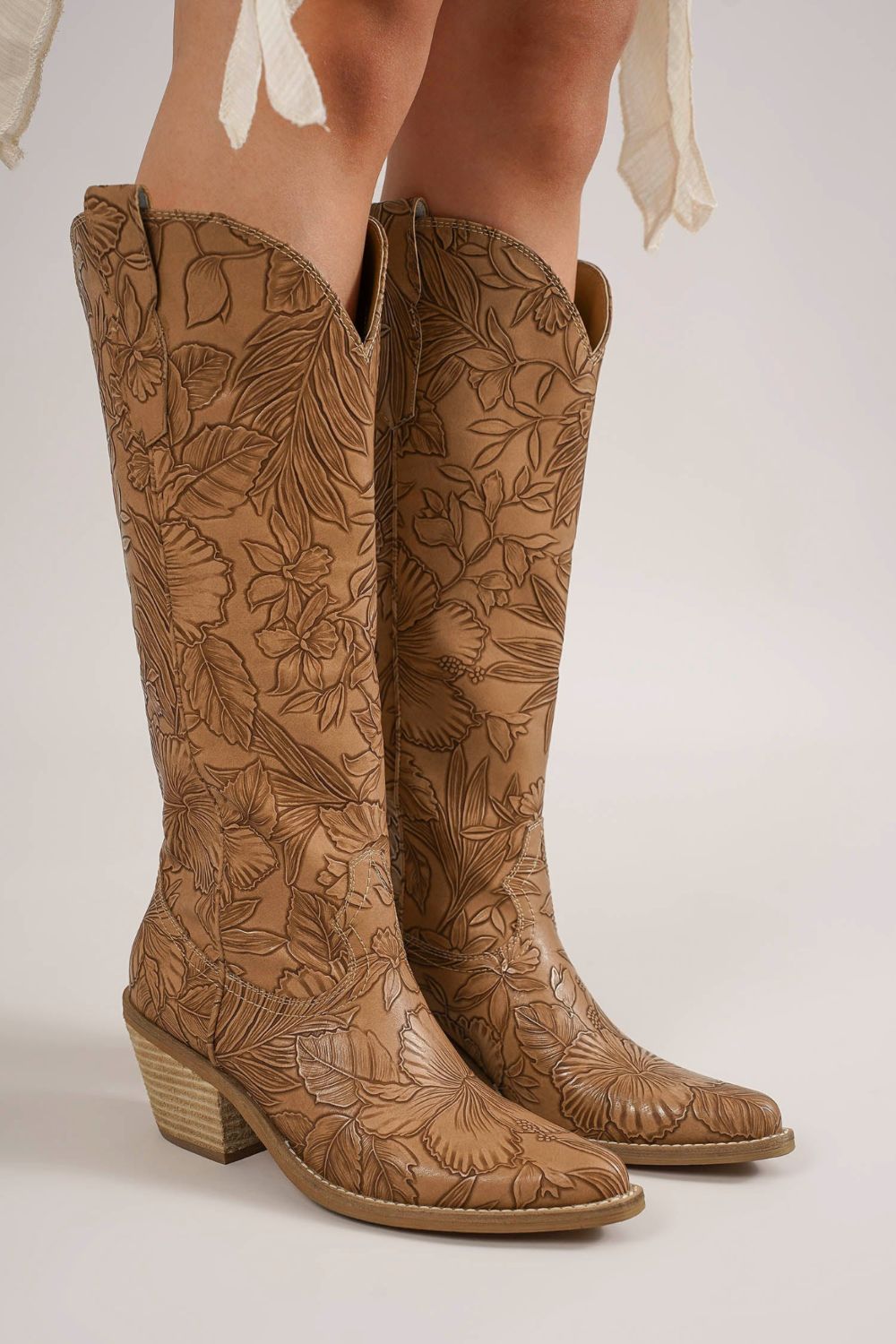 Taupe Embossed Floral Block Heel Cowboy Boots