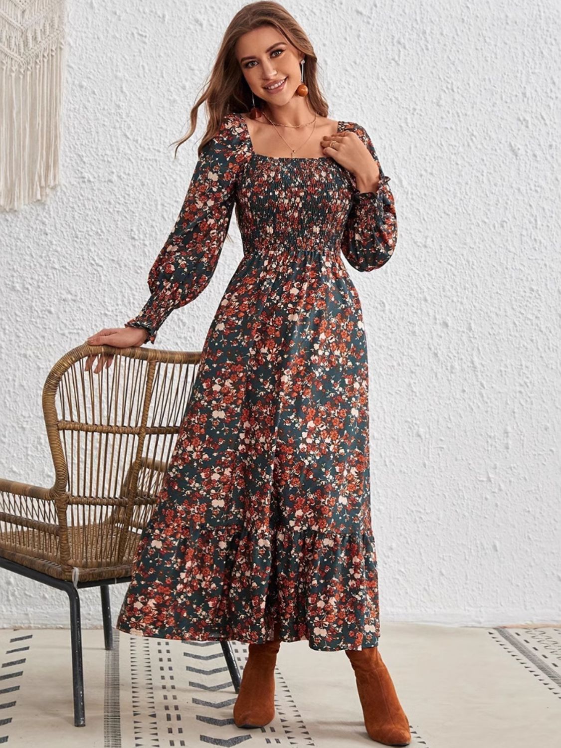 Smocked Floral Long Sleeve Maxi Dress