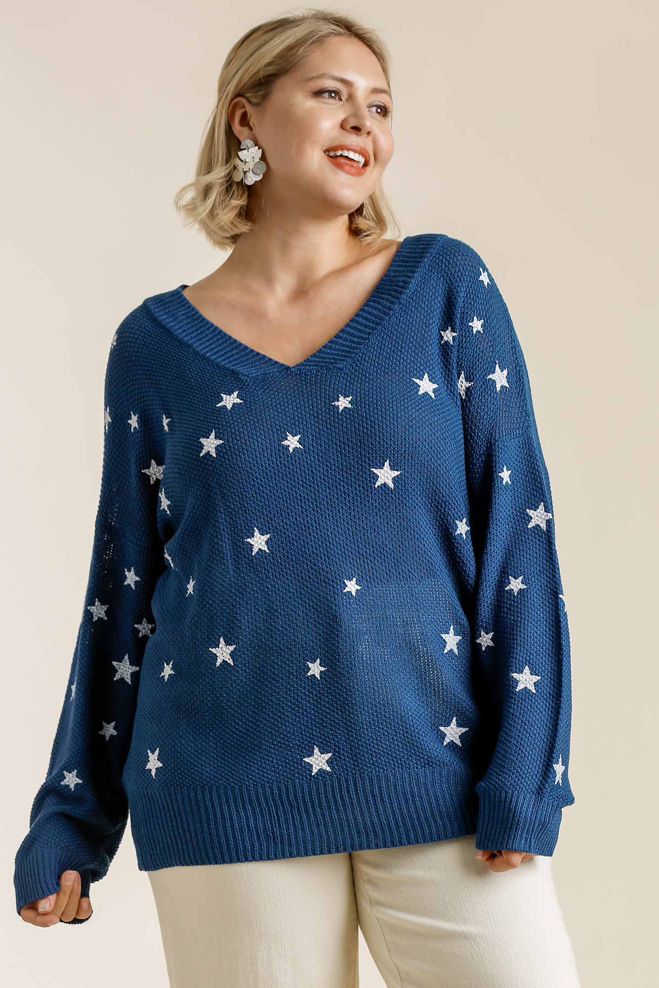 Star V-Neck Long Sleeve Sweater