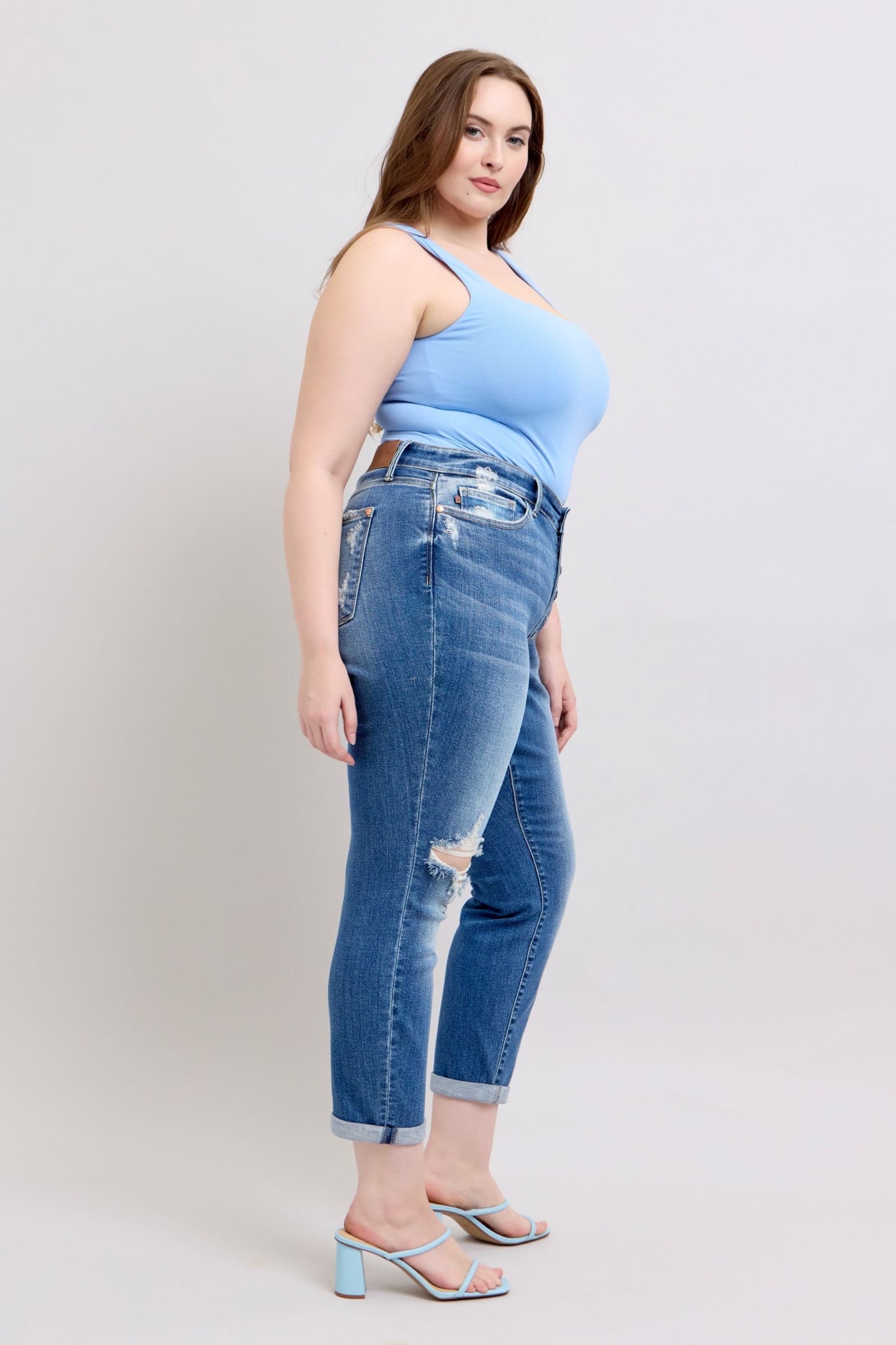 Button Fly Distressed Jeans with Pockets Plus Size