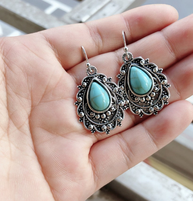 Turquoise Alloy Teardrop Dangle Earrings