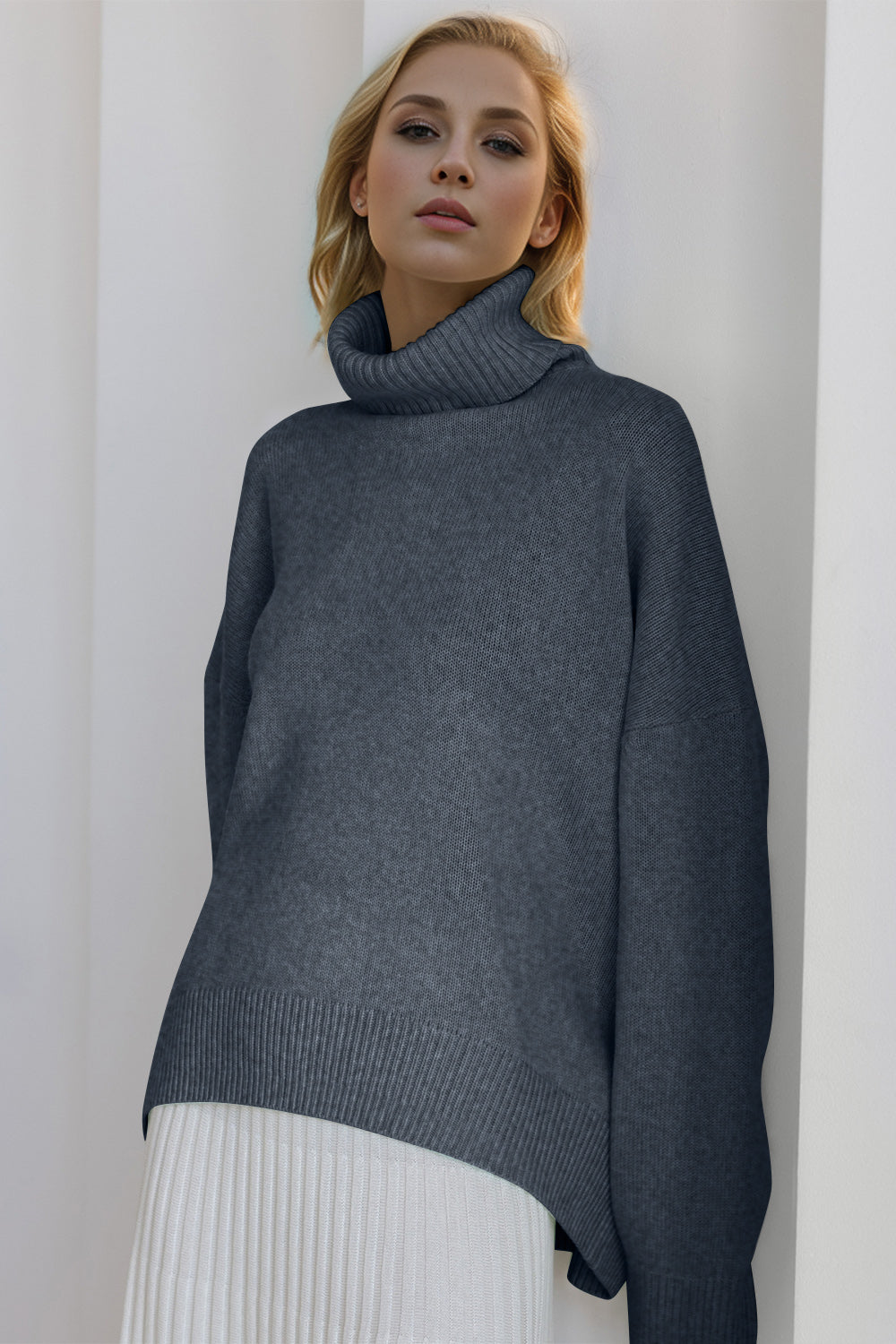 Basic Turtleneck Dropped Shoulder Sweater