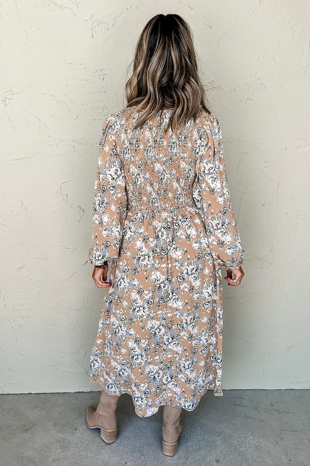 Beige Floral V-Neck Long Sleeve Maxi Dress