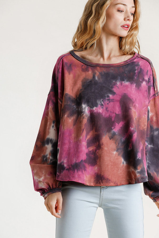 Tie Dye Round Neck Long Balloon Sleeve Top