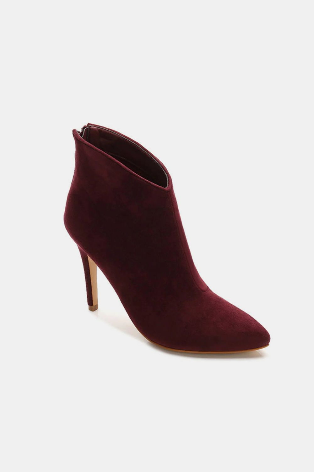 Wine Suede Stiletto Ankle Booties with Back Zippers