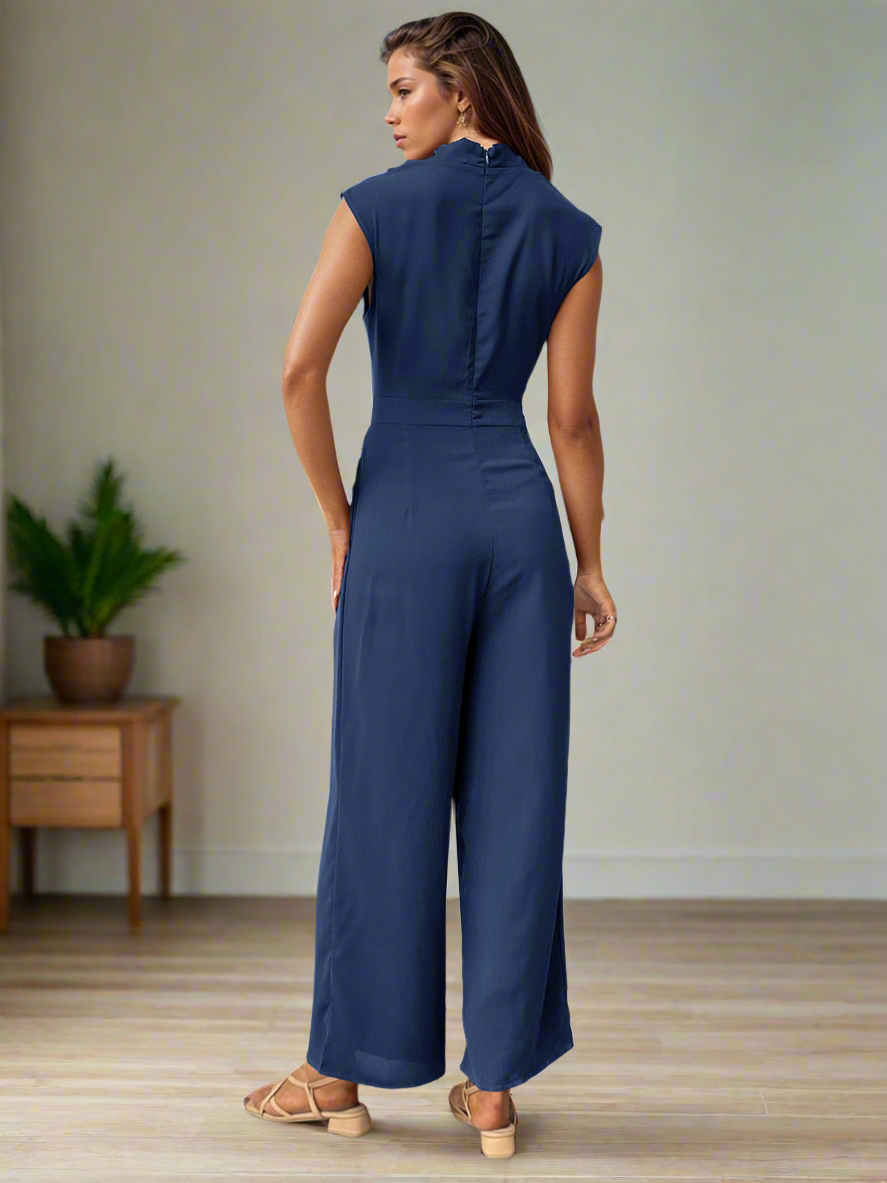 Ruched Mock Neck Sleeveless Jumpsuit