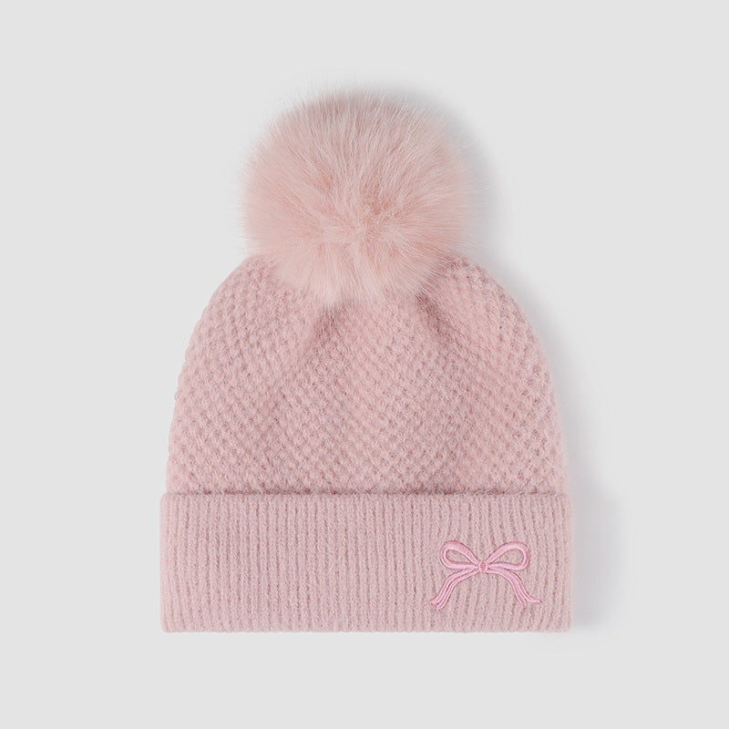 Lined Bow Knit Hat with Pompom