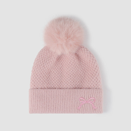 Lined Bow Knit Hat with Pompom