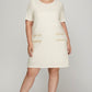 Short Sleeve Pearl Studded Trim Knit Tweed Dress In Ivory