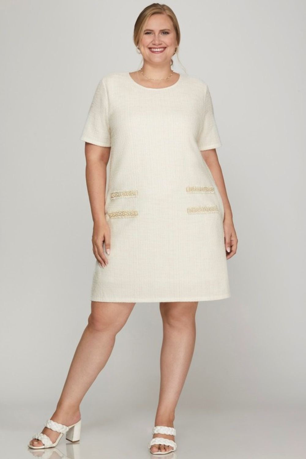 Short Sleeve Pearl Studded Trim Knit Tweed Dress In Ivory