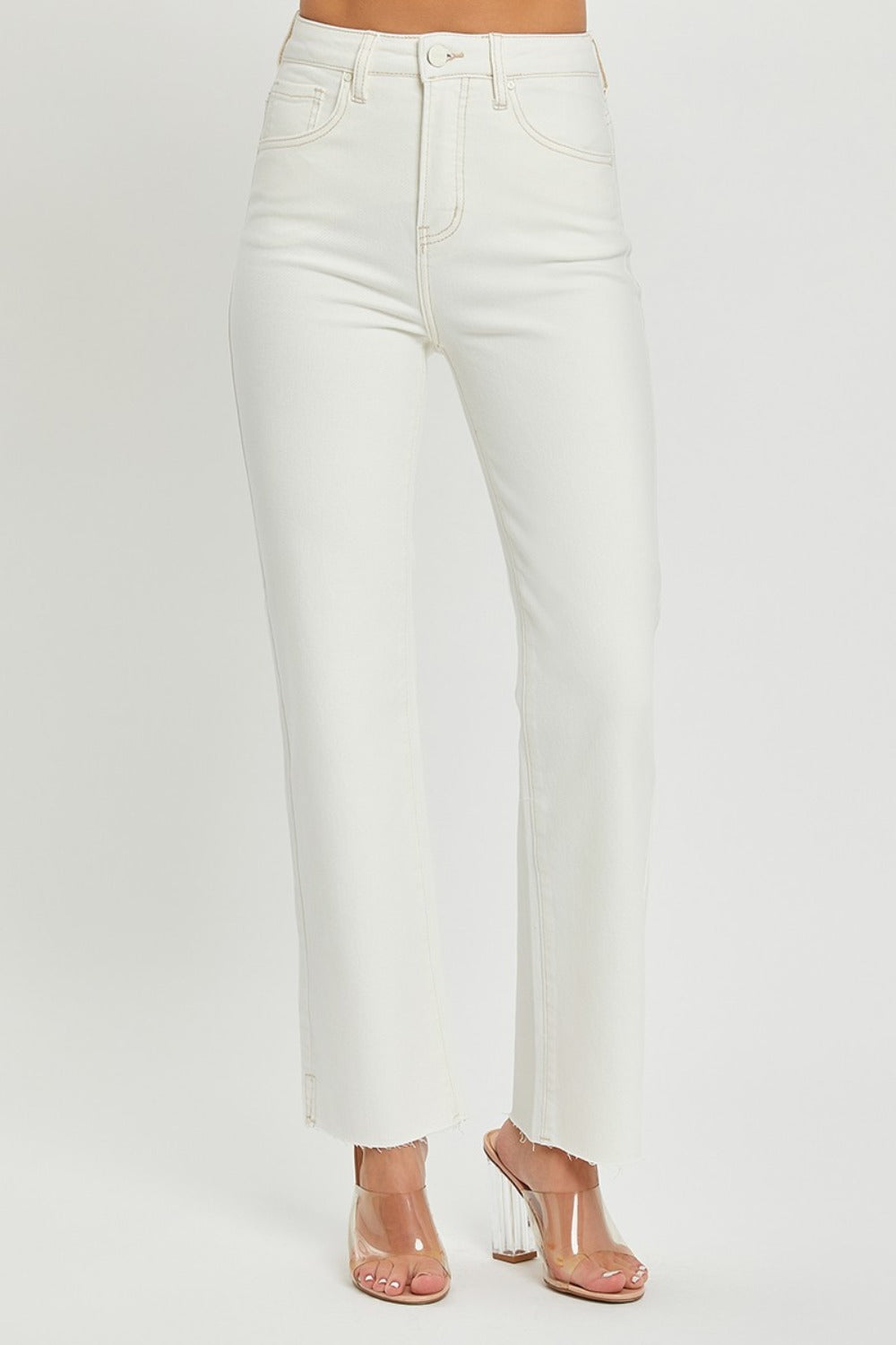 RISEN High Rise Tummy Control Straight Leg Jeans in Cream