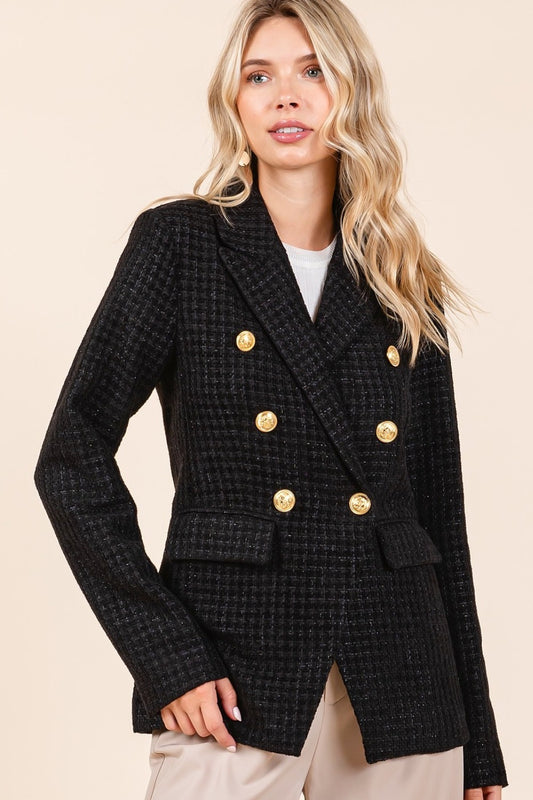 Tweed Plaid Texture Double-Breasted Long Sleeve Blazer