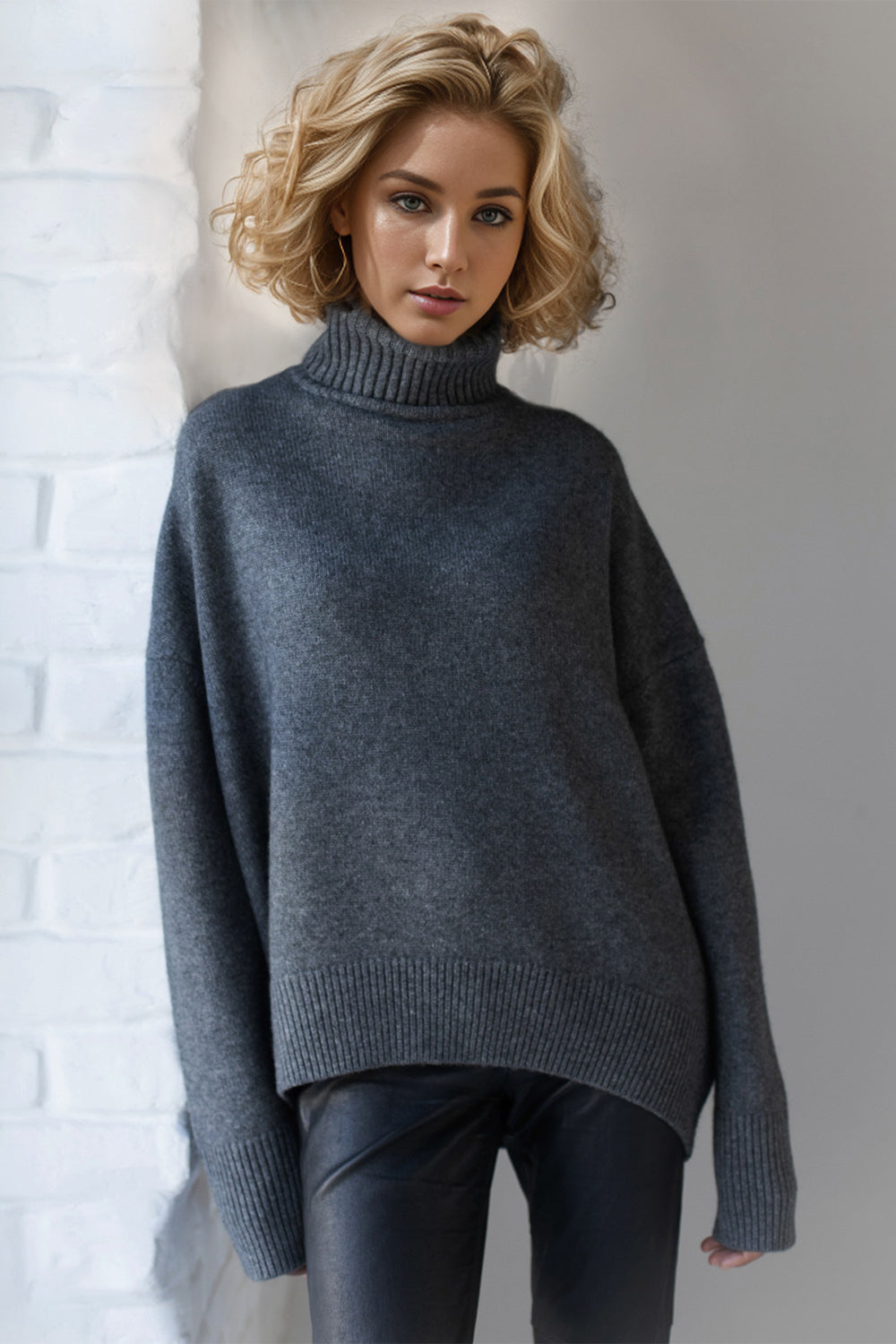 Basic Turtleneck Dropped Shoulder Sweater