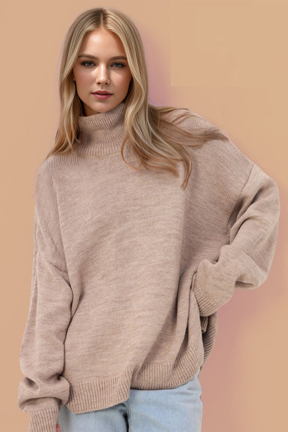 Side Slit Turtleneck Long Sleeve Sweater