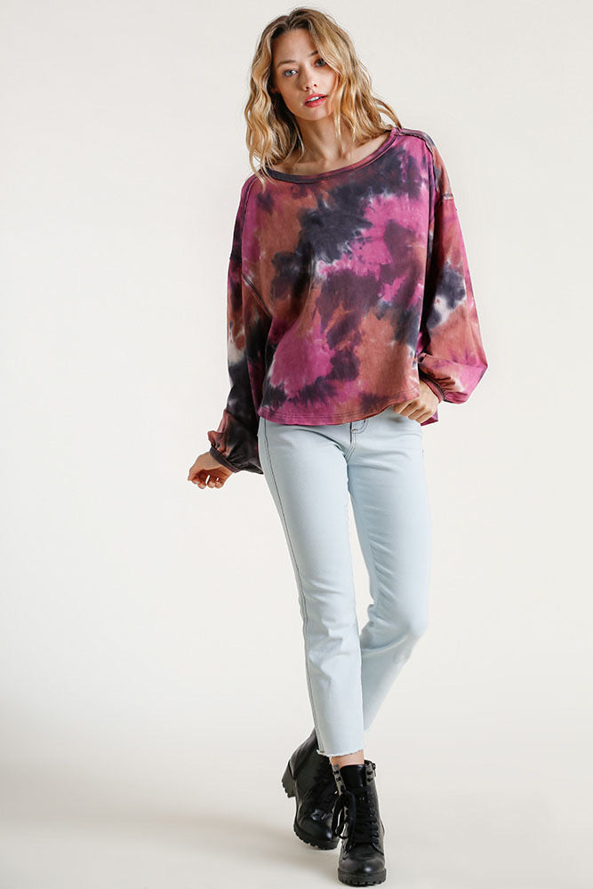 Tie Dye Round Neck Long Balloon Sleeve Top