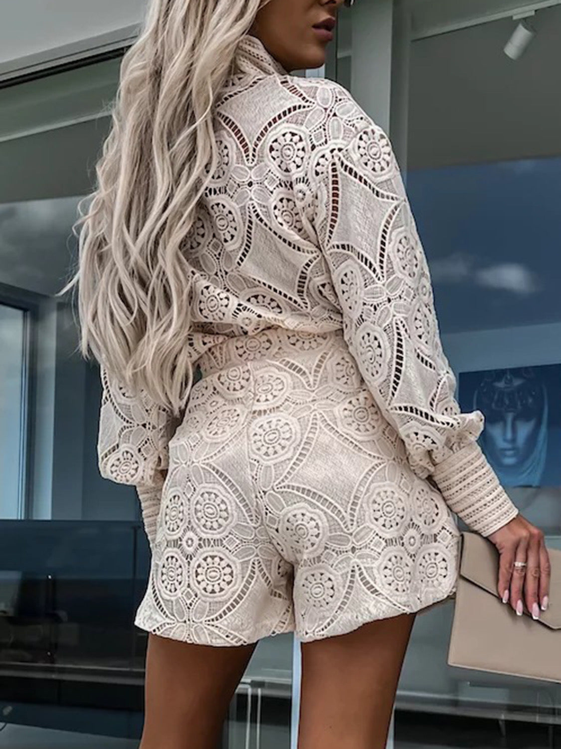 Lace Button Detail Top and Shorts Set in Eggshell