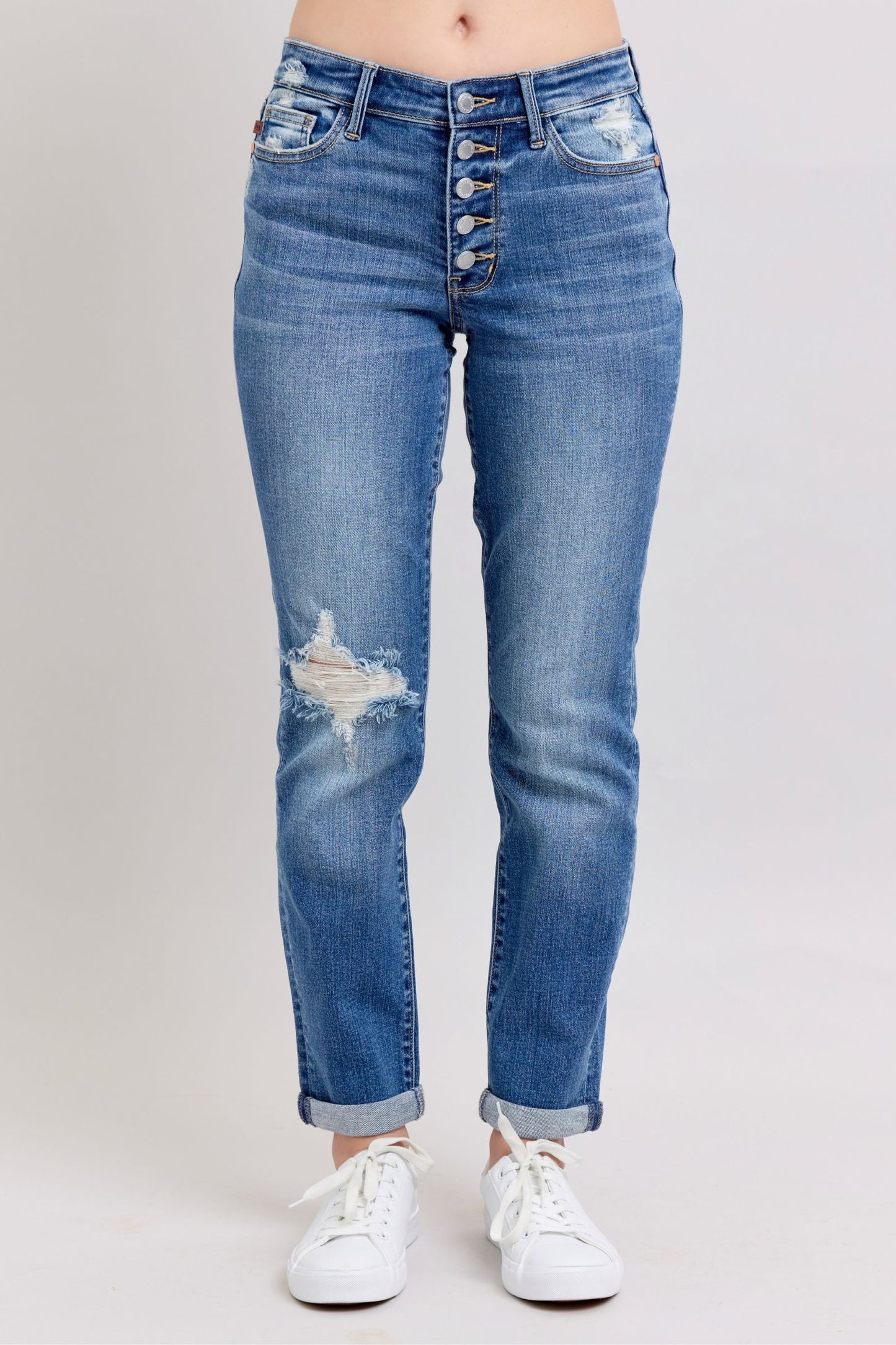 Button Fly Distressed Jeans with Pockets Plus Size