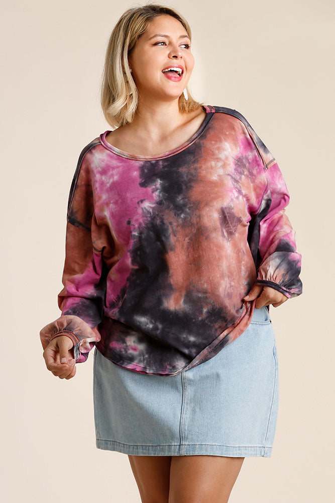 Tie Dye Round Neck Long Balloon Sleeve Top