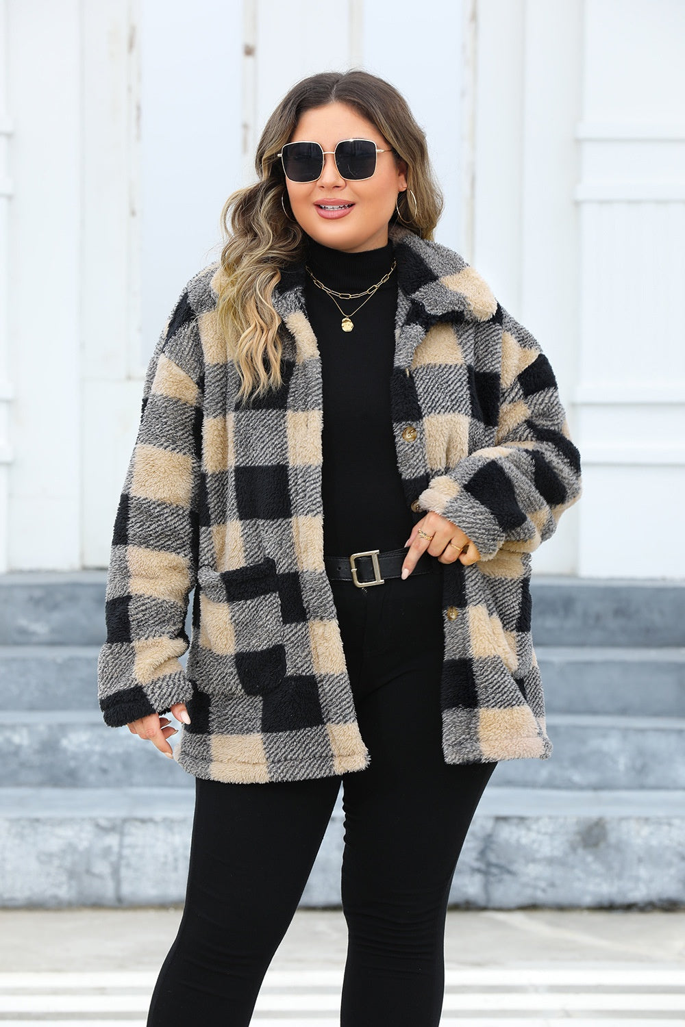 Plus Size Plaid Button Up Long Sleeve Coat